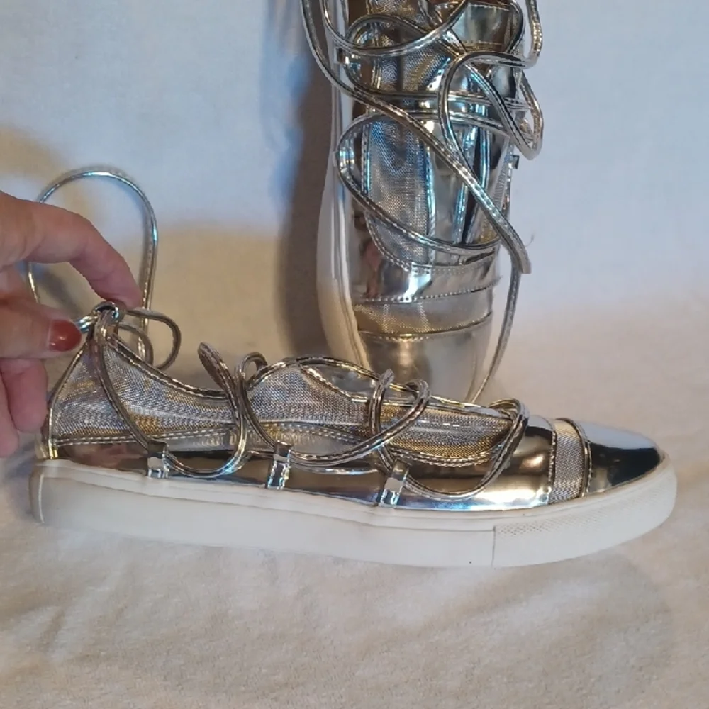 Shiny Silver Lace-Up Ankel Wrap Sneakers Size 9